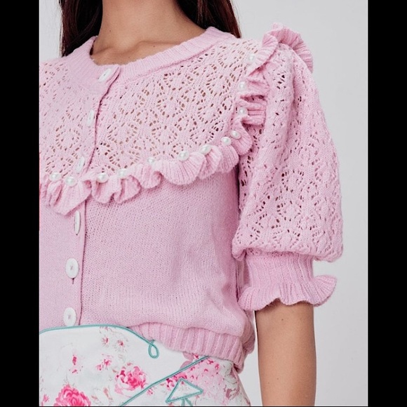 FOR LOVE & LEMONS π Pink Puff Sleeve Pearl Button-Up Cardigan Sweater Top - Picture 2 of 6